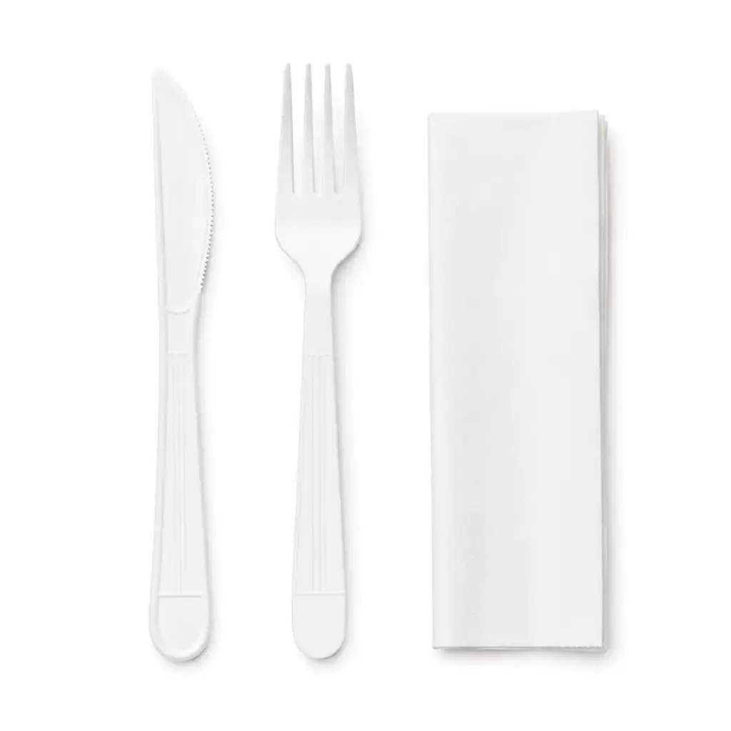 Set Besteck aus Kunststoff wiederverwendbar Weiß - Gabel + Messer + Serviette - 250 Stk