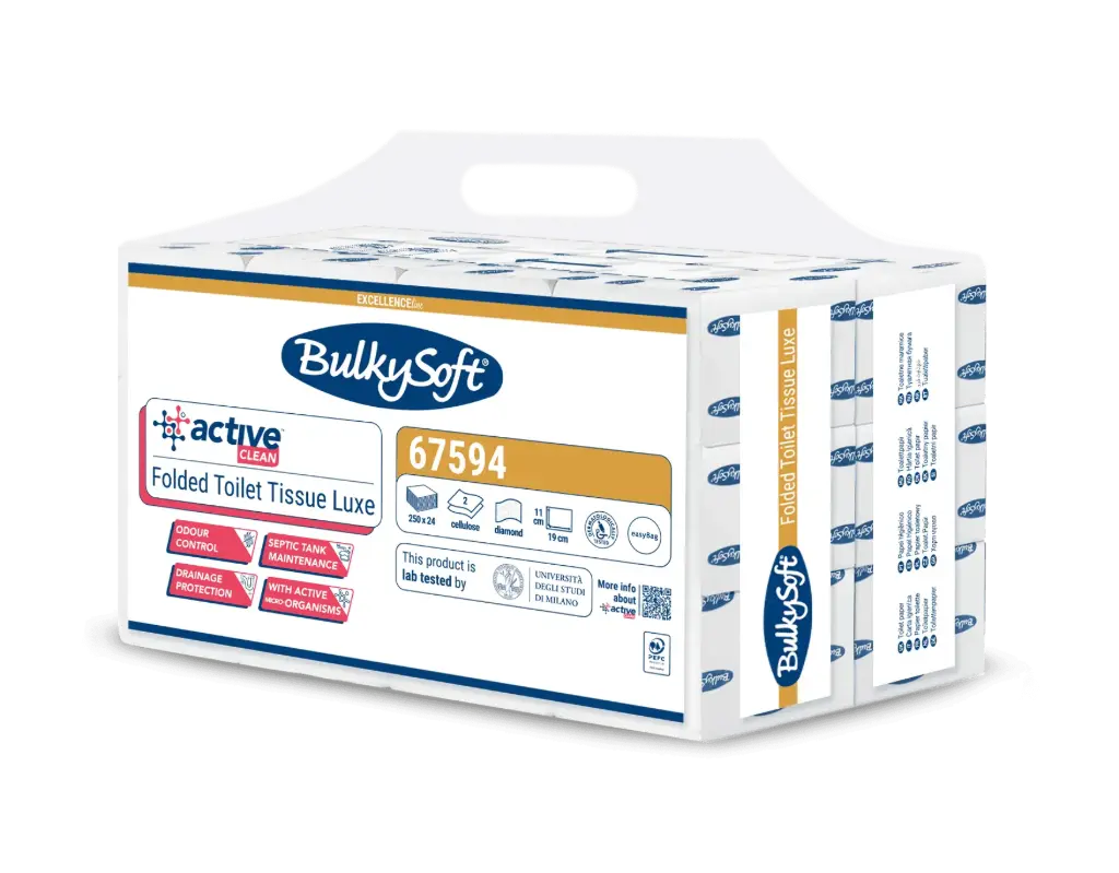 Papier Toilette Plié BulkySoft Active Clean 2 Plis 250 Feuilles - 24 Paquets